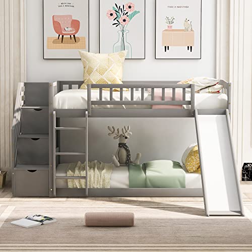 Ball & Cast Twin Size Playhouse Wood House Loft Bed with Slide and Storage Shelves,3 Beds in 1 Bedframe w/Full-Length Guardrails & Light,Slat Support,Space Saving,for Child's Bedroom,Natural