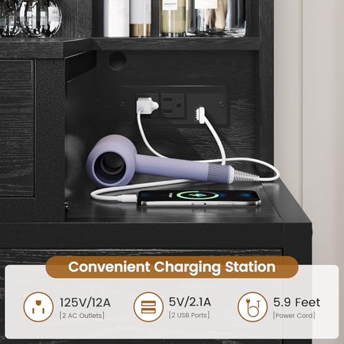 Tiptiper Vintage Makeup Vanity with Lights in 3 Colors, Vanity Table with Charging Station of 2 USB Ports and Outlets, Vanity Desk with Large Mirror, Drawers and Shelves, Rustic Brown and Black