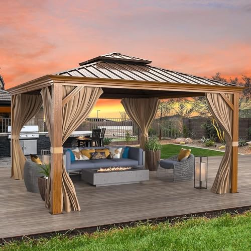 MELLCOM 12'x16' Hardtop Gazebo, Galvanized Steel Metal Double Roof Canopy with Curtains and Netting, Brown Permanent Pavilion Gazebos with Aluminum Frame for Garden, Patio, Lawns, Deck