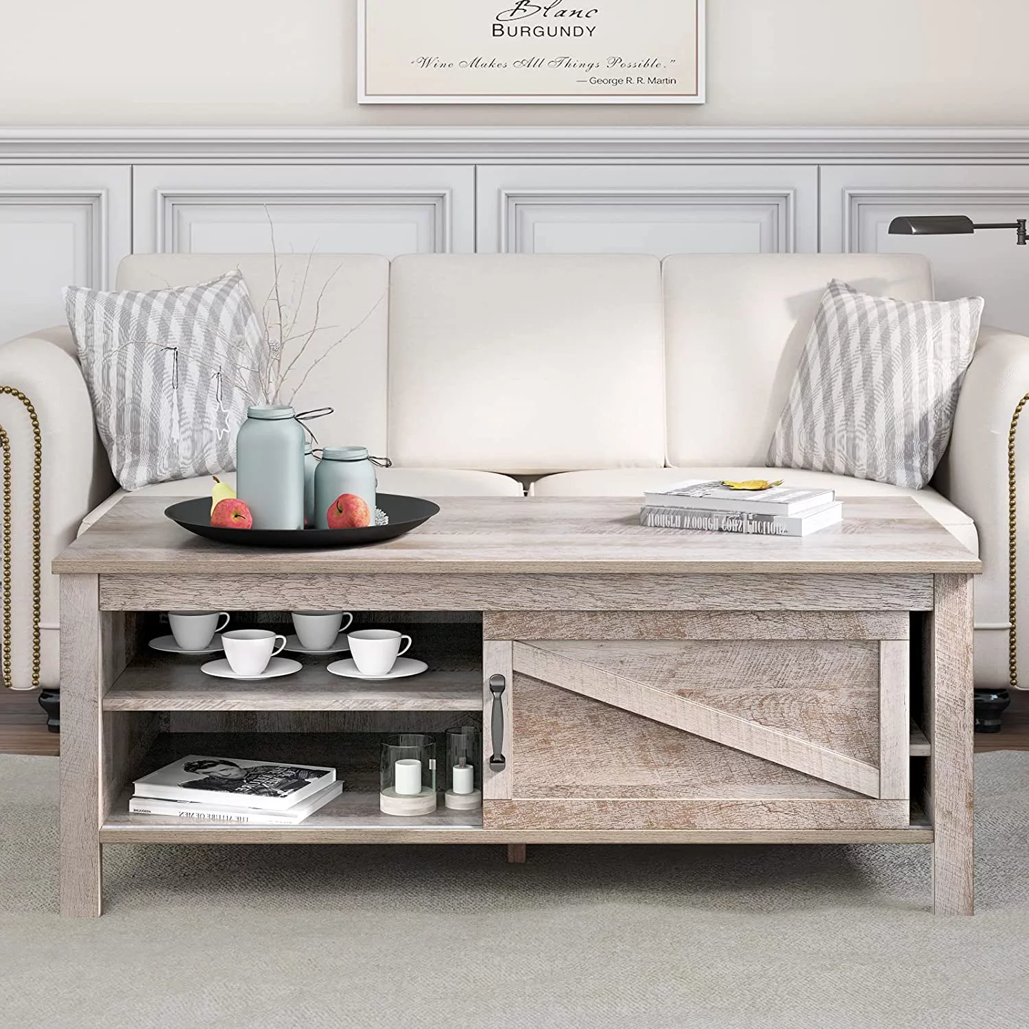 DEXTRUS Coffee Table with Storage, Farmhouse Wood Sofa Center Table with Sliding Door and Adjustable Shelf for Living Room Home Office, Gray