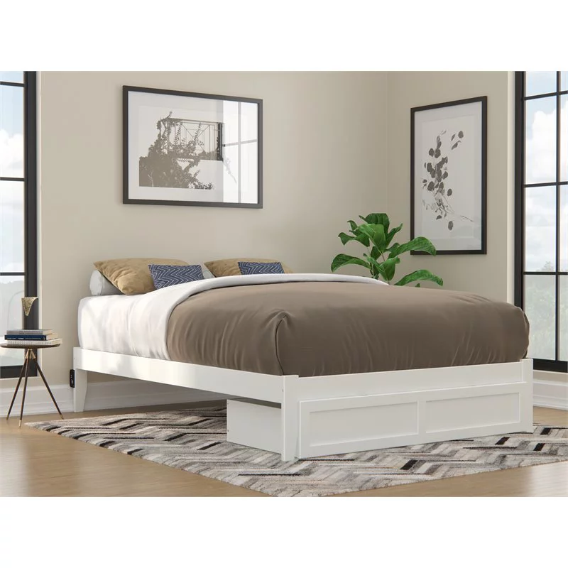 Bowery Hill Modern Solid Wood Queen Bed with Foot Drawer in White