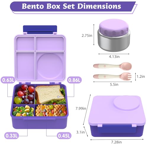 Bento Lunch Box Set for Kids with 8oz Soup Thermo, Leak-Proof Lunch Containers with 4 Compartment, Kids Thermo Hot Food Jar and Insulated Lunch Bag for to School (Pink)