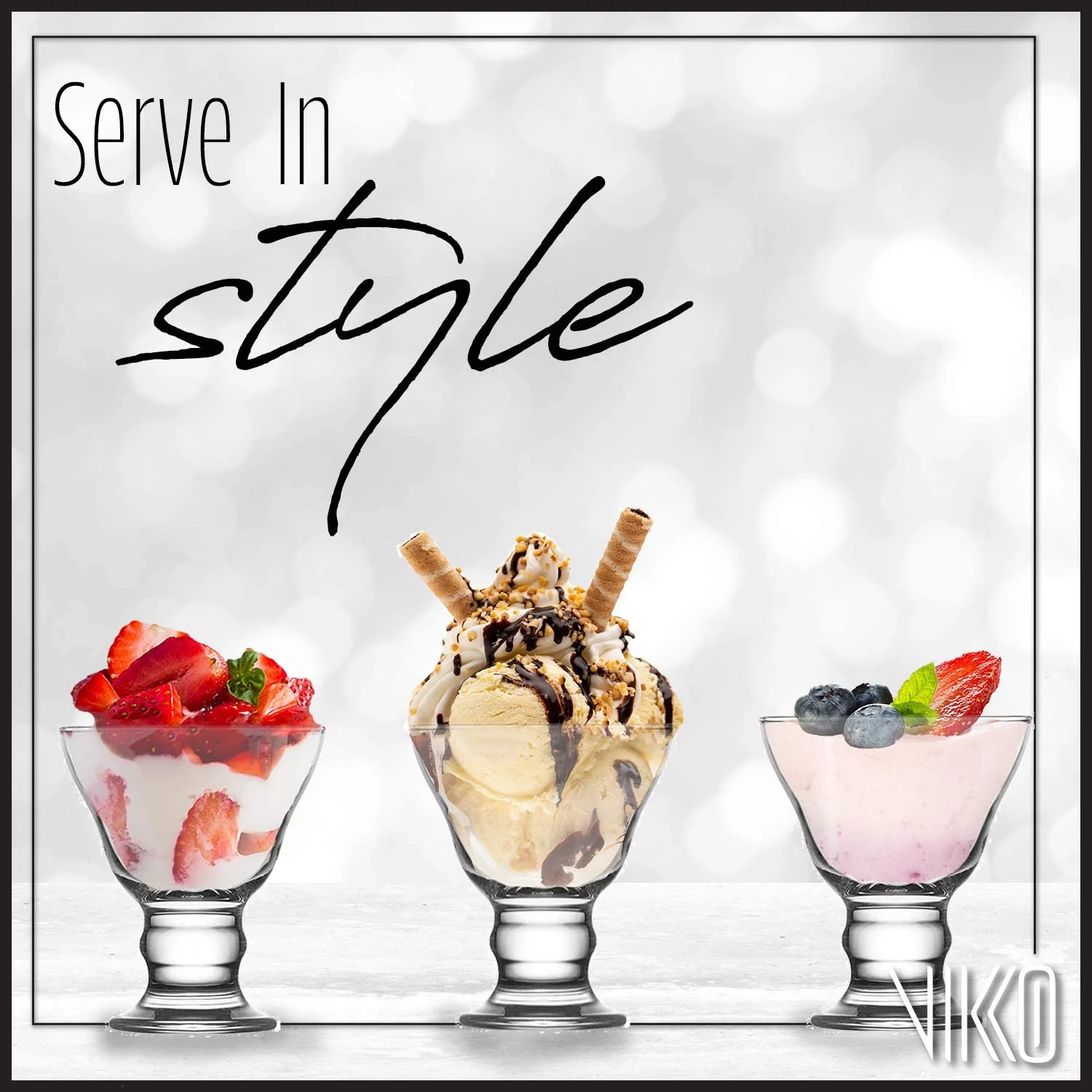 Vikko Glass Sundae Bowls: Dessert Cups For Parfait, Ice Cream, Pudding, Fruit, and More – Set of 6 Thick Large Dessert Dishes - 8.75 ounces - Dishwasher Safe (6)