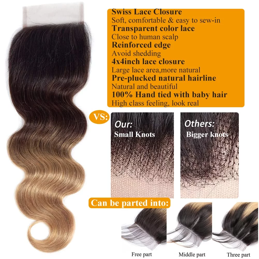 Ombre Body Wave Human Hair Closure T1B/4/27 Color Brazilian Virgin Human Hair Ombre 3 Tone Body Wave Human Hair 4x4 Lace Closure Free Part Closure Transparent Lace 22