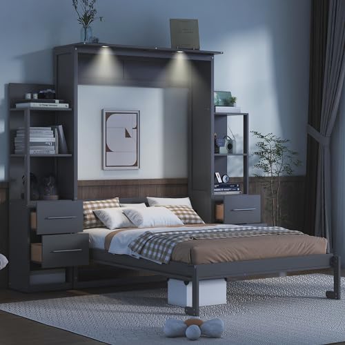 MERITLINE Queen Murphy Bed with LED Lights and Storage Drawers,Shelves,Wood Grey Murphy Wall Bed Cabinet for Adults