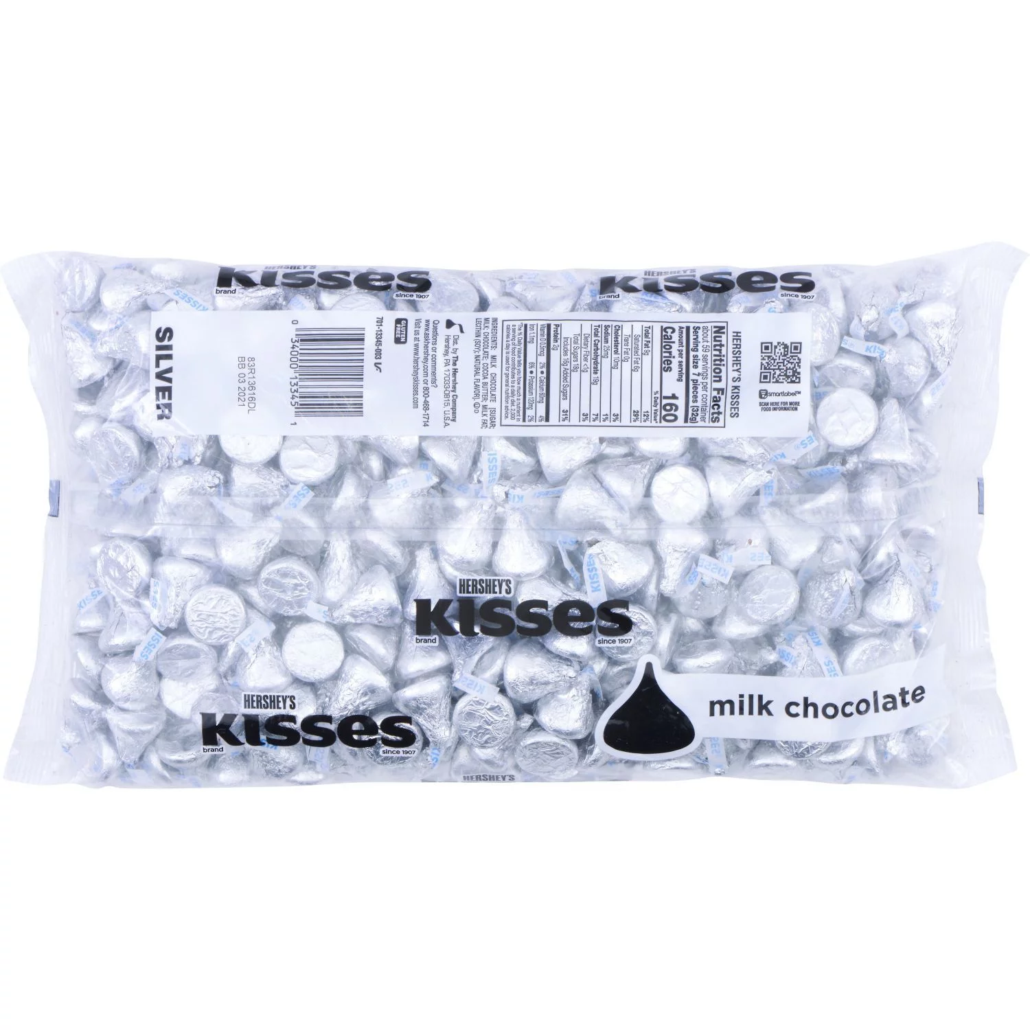 HERSHEY'S, KISSES Silver Foils Milk Chocolate Candy, Bulk, 66.7 oz, Bulk Bag (400 Pieces)