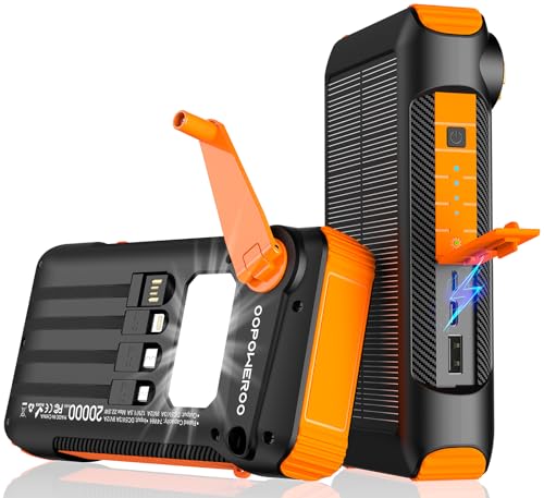 Solar Power Bank 20000mAh Built in Hand Crank and 4 Cables 22.5W Fast Charge Power Bank 5 Outputs & 5 Inputs Solar Portable Charger, SOS/Strobe/Strong Flashlights, Carabiner (Orange)