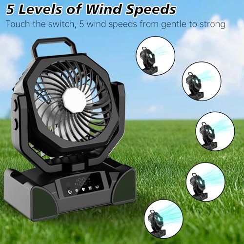 20000mAh Portable Camping Fan Rechargeable,Max 68 Hrs Runtime Battery Operated Tent Fans with LED Lantern,5 Wind Speeds,4 Timer Modes,Desk Fan for Travel,Power Outages (Black)