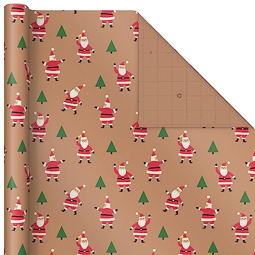 Hallmark Christmas Wrapping Paper Rolls, Brown Kraft Holiday Gift Wrap (Pack of 3: 90 sq. ft. ttl) Kraft with Santas, Trees, Stripes