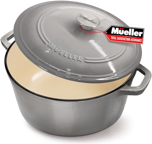 Mueller 6qt Enameled Cast Iron Dutch Oven, Heavy-Duty Casserole and Braiser Pan with Lid and Knob, Oven-Safe up to 500° F & Across All Cooktops, White