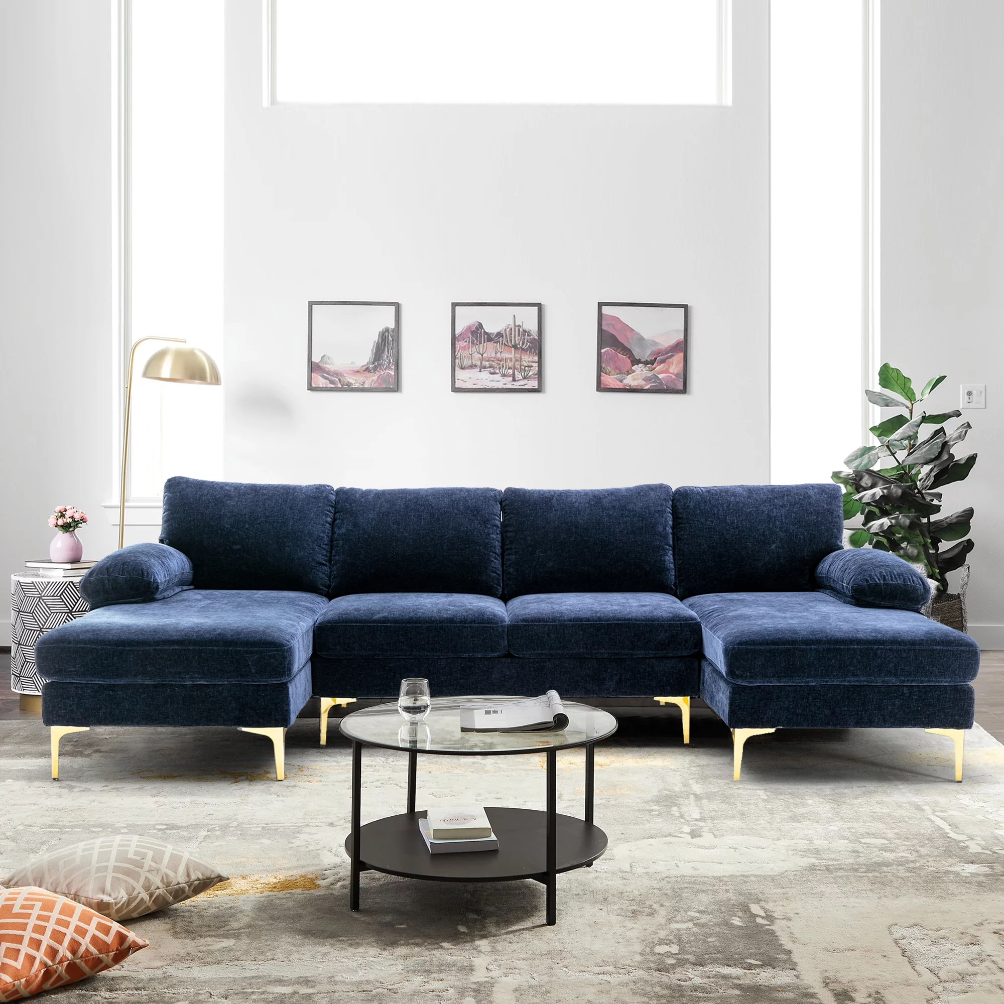HOMEFUN 110 in W Navy Blue 4-piece U Shaped Fabric Modern Sectional Sofa with 2 Arms and Golden Metal Legs