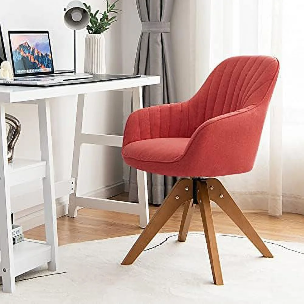 KHBIULIFE Desk Chair No Wheels  Super Easy to Install  Mid Century Computer Desk Armchair with Linen Fabric and Soft Sponge Filling  Swivel Accent Chair for Home Office  Red