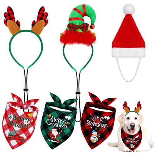 Pedgot 6 Pack Pet Costume Accessories Christmas Classic Buffalo Plaid Pet Scarf Pet Xmas Reindeer Antlers Headband with Ears Adjustable Xmas Dog Santa Hat for Pets Decor