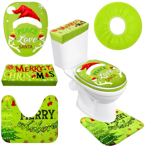 Duraaamo 4 Pcs Christmas Green Toilet Seat Cover Set Whimsical Christmas Bathroom Decorations Green Accessories Set for Bathroom Decor