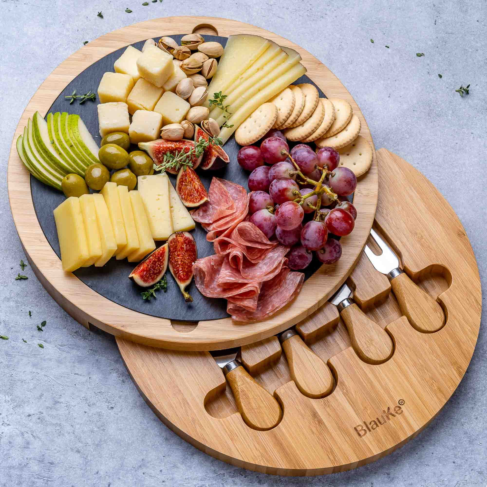 BlauKe® Bamboo Cheese Board with Knife Set and Slate – 12 inch Round Charcuterie Board, Serving Tray, Platter, Wood Cheese Board Set – Gift Idea