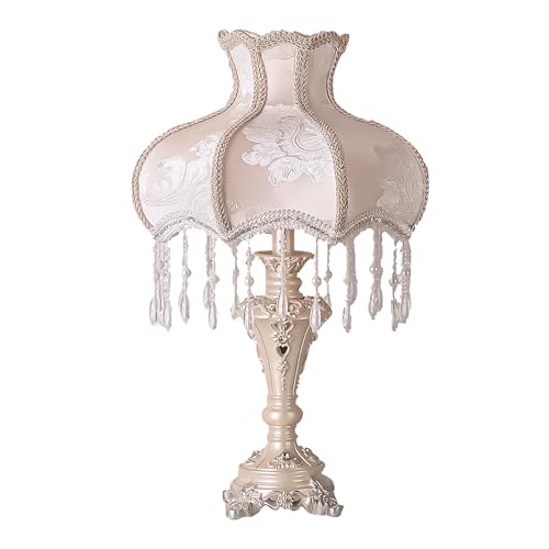 Classical Victorian Table Lamp European Style Fabric Desk Lamps with Fringe Beaded Lampshade Painted Resin Base Handmade Vintage Flower Bedside Night Light for Bedroom Living Room Office (13inch)