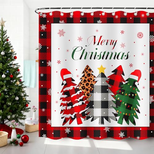 4Pcs Christmas Shower Curtain Set - Merry Christmas Bathroom Set Holiday Shower Curtain with Non-Slip Rugs, Toilet Lid Cover and Bath Mat
