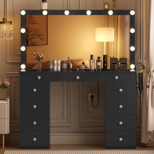 Likein Vanity Desk with Mirror and Lights, White Vanity with Jewelry Storage Cabinet, Makeup Dressing Table with 11 Drawers, Charging Station, Crystal Knobs, 3 Color Lighting Modes for Women, Girls