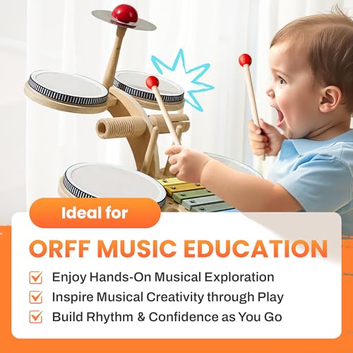 iPlay, iLearn Toddler Wooden Drum Set, Kids Musical Instruments Toy, 8 in 1 Percussion Drum Kit W/Xylophone Cymbal, Baby Montessori Learning Birthday Gifts for 18 Month, 2 3 4 5 6 Year Old Boy Girl