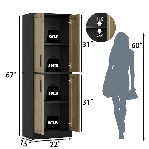 Pantry - Kitchen Pantry Cabinet, Tall Storage Rattan Cabinet with 4 Doors and Adjustable Shelves, Linen Closet Freestanding Cupboard for Dining Room Living Room, Laundry, Bathroom