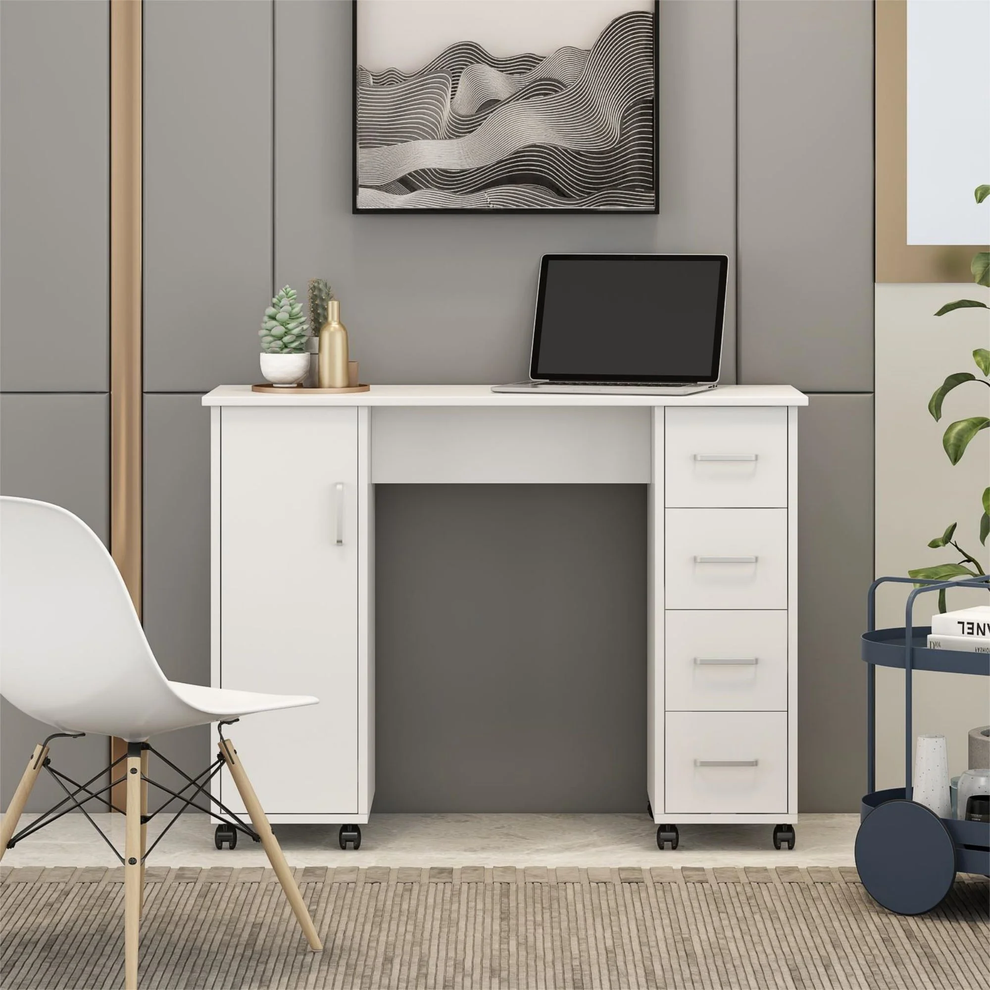 Momspeace Computer Desk with Multiple Drawers and Locker for Home and Office - White