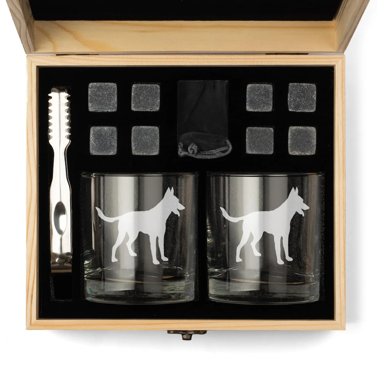 Whiskey Glass Gift Box Set with Whiskey Stones and 2 Rocks Glasses Belgian Malinois