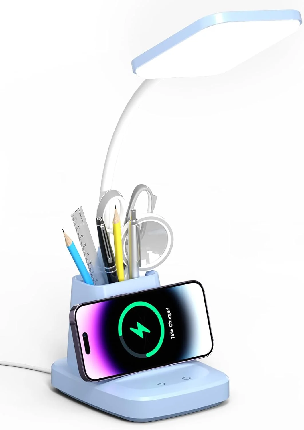 Hansang LED Desk Lamp with Wireless Charger Pen Holder, 3 Color Modes Dimming Blue Desk Light for College Dorm Room
