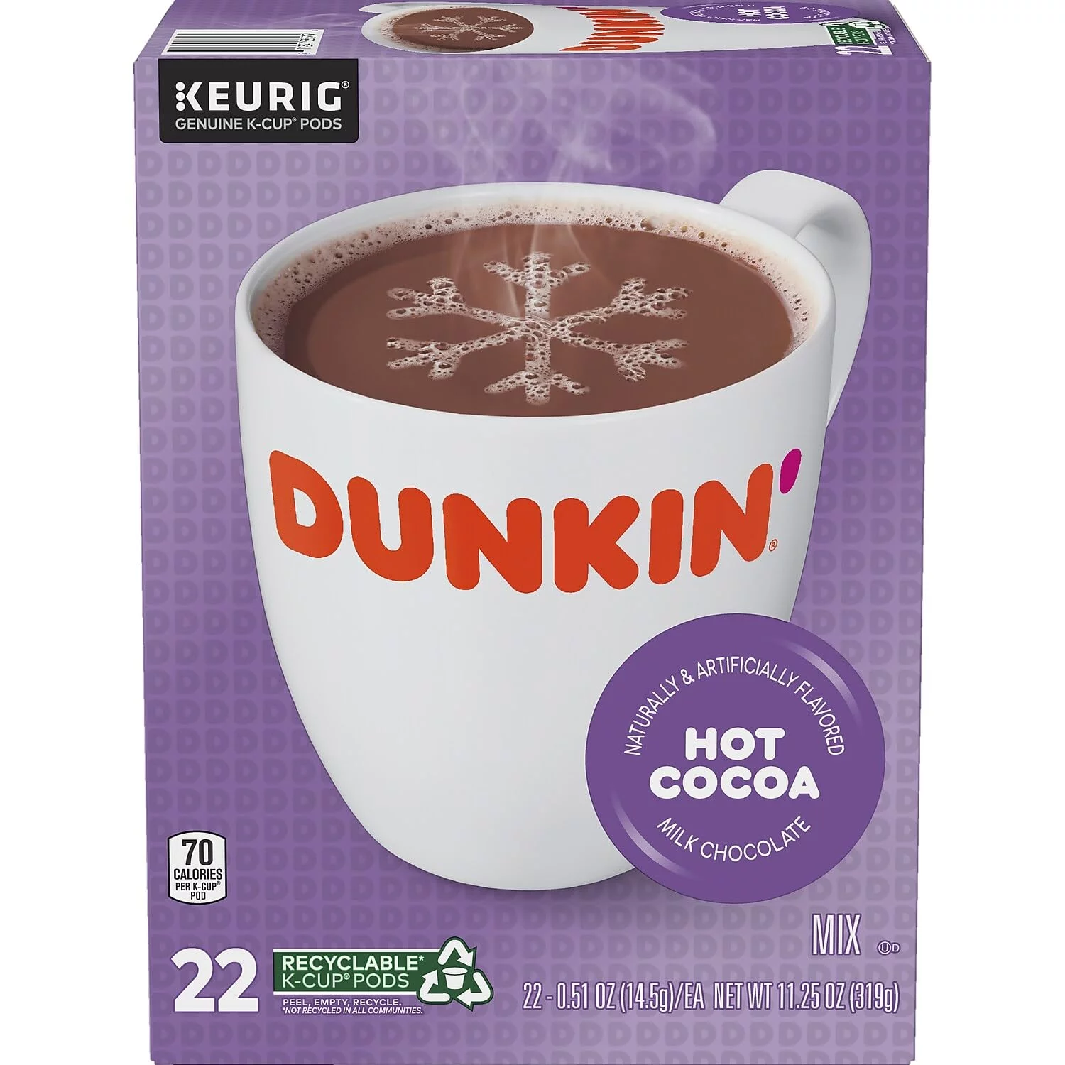 Dunkin, Donuts Milk Chocolate Hot Cocoa, Keurig K-Cup Pods, 22/Box (611227377215) (1261)