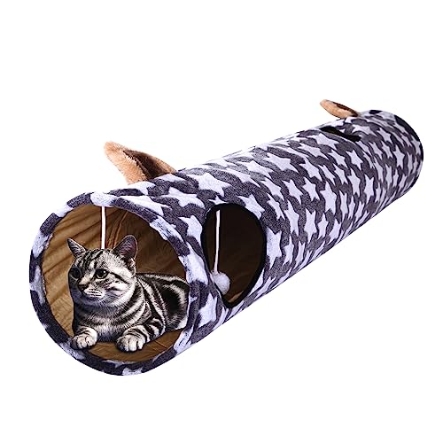 LUCKITTY Large Cat Tunnel Bed Under Christmas Tree with Fluffy Toy Balls, Small Cushion and Flexible Design- 10 inch Diameter, 3 ft Length- Great for Cats, and Small Dogs, Gray Star Pattern