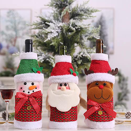 3 Pack Christmas Wine Bottle Bags - Sweater Wine Bottle Cover Bags for Holiday Decorations - Cute Santa, Reindeer, Bear & Snowman Designs - Red & Green