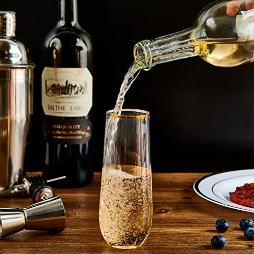 FOCUSLINE 24 Pack 9 Oz Plastic Stemless Gold Rim Champagne Flutes, Heavy Duty, Shatterproof, Disposable & Reusable Crystal Clear Toasting Glasses
