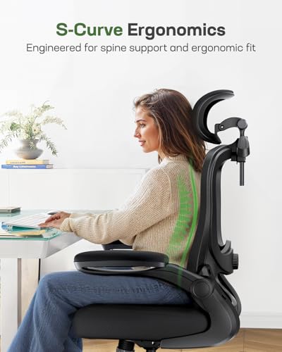 Marsail Ergonomic Office Chair with 3D Lumbar Support & Headrest, Flip-Up Armrests, 90-120° Tilt, High Back Computer Chair, Thick Cushion for Home Office