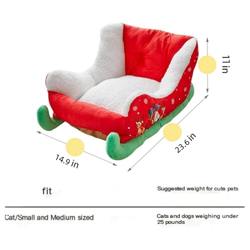Christmas Sleigh Dog Bed, 23.6x14.9x11 Inch Interesting Plush Cat Dog Bed, Santa Pet Festive Nest for Cat Dog, Christmas Holiday Themed Pet Bed for Winter, Washable Indoor and Outdoor Pet Bed