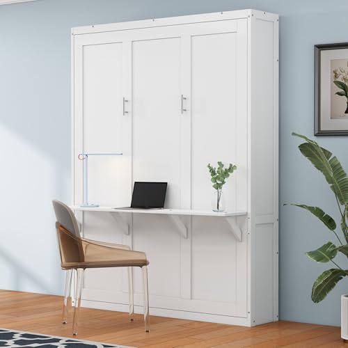 SOFTSEA Full Size Murphy Bed with Desk Combo, 61.5 inch Murphy Bed Frame, Foldable Wall Bed for Guest Room Study Room Bedroom Apartment, Home Office Wood Murphy Cabinet Bed, White