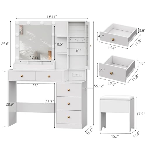 Vanity Desk with Mirror and Lights, White Makeup Vanity with 5 Drawers Hidden Jewelry Organizer& LED Glass Cabinet,3 Light Mode and Brightness Adjusted,Vanities Mirror with Lights Desk and Chair