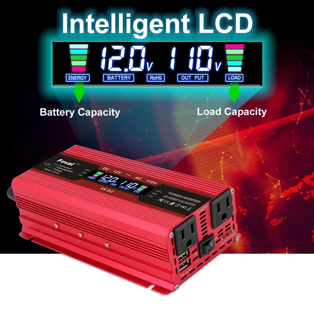 LVYUAN 800 Watts Power Inverter Modified Sine Wave Car Converter Charger Adapter 2USB DC 12V to AC 110V 120V LCD Display Red