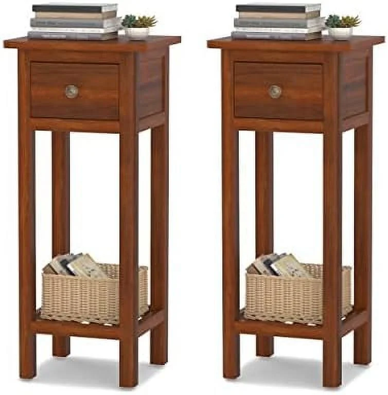 YZboomLife Narrow End Table  Tall Nightstands Set of 2 with Drawer &   Slim Bedside Tables w/Anti-Tipping Device  No Assembly  Wooden Small  for Small Space  Living Room  Bedroom  Nat