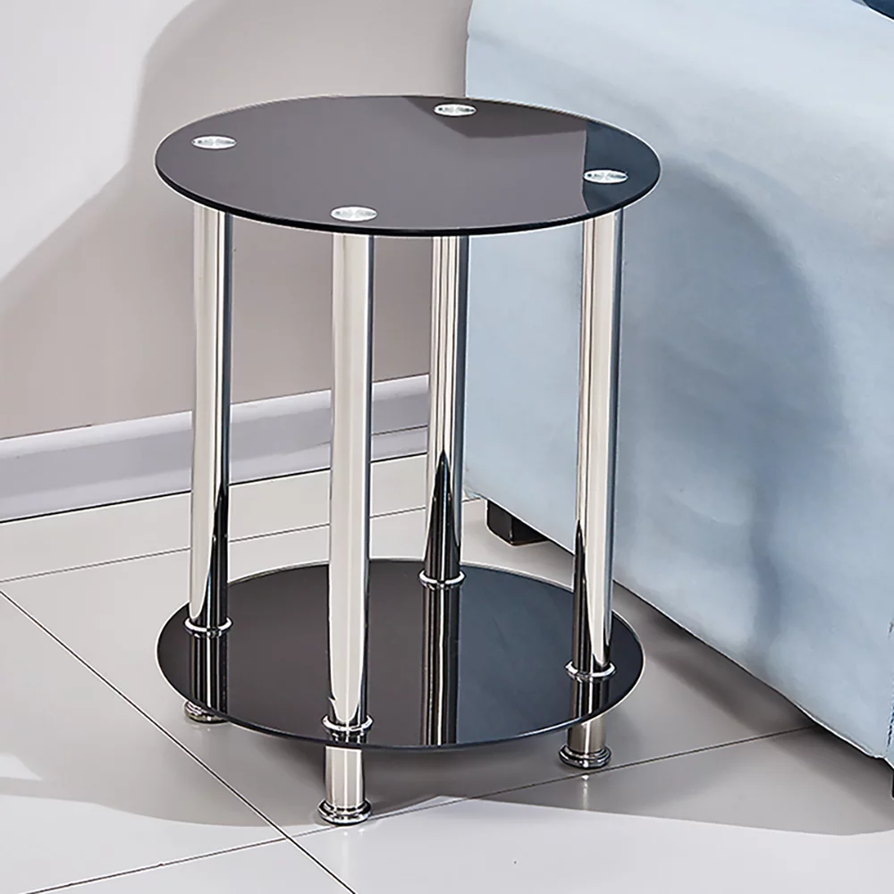 Ansley&HosHo End Table Side Table 2-Tier Nightstand Storage Shelves Chrome Finish with Glass Top Round Cube Furniture Home Living Room Black