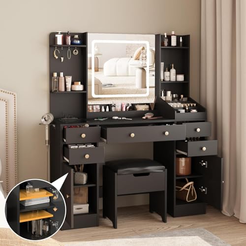 Vabches Vanity Desk with Mirror and Lights, 5 Drawers Makeup Vanity Table with Storage Chair, 44.9in Big Vanity Dresser 3 LED Lighting Modes,Power Outlet,Bedroom White