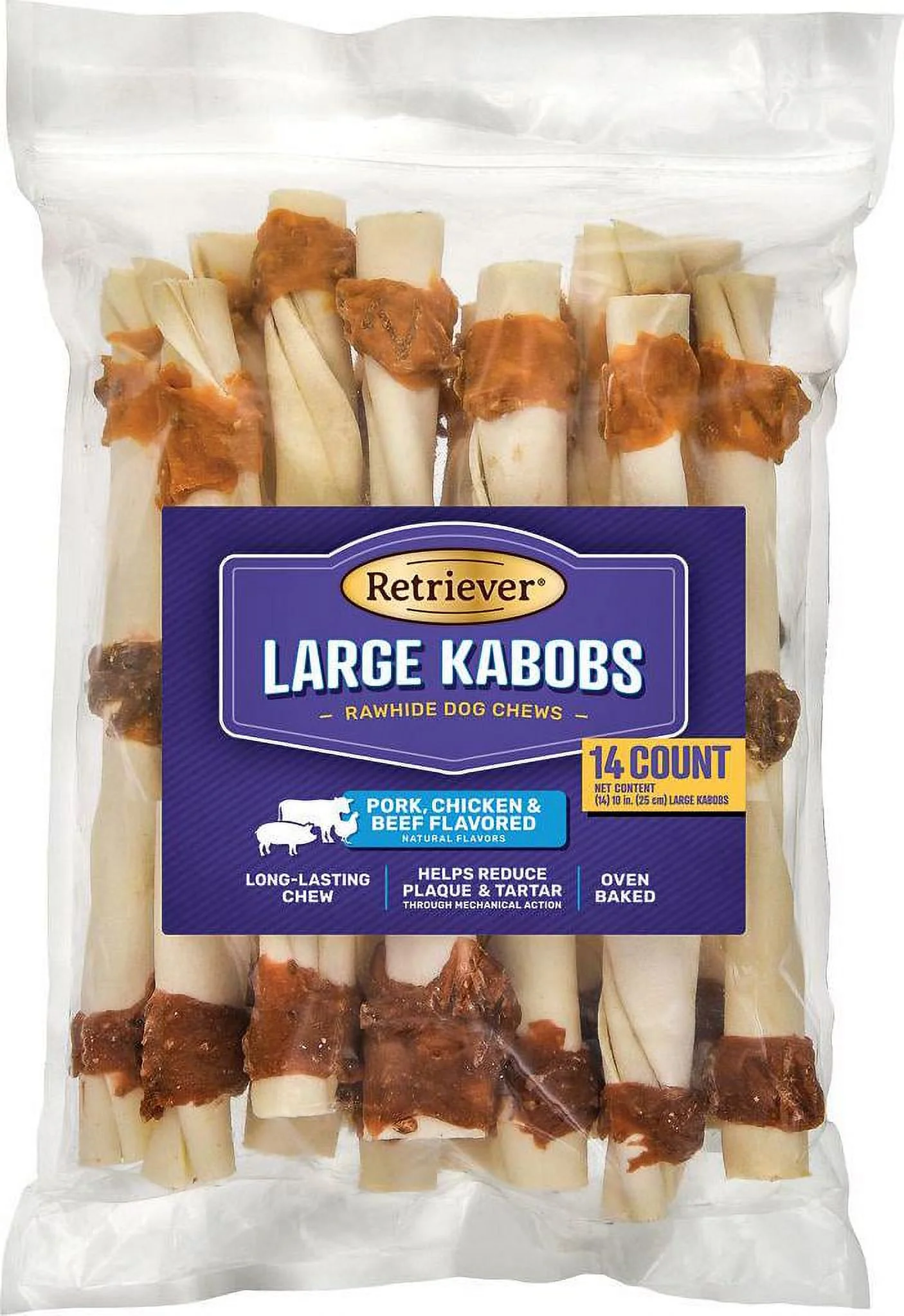 Retriever Large Kabobs Pork, Chicken and Beef Flavor Rawhide Dog Chew Treats, 14 ct.