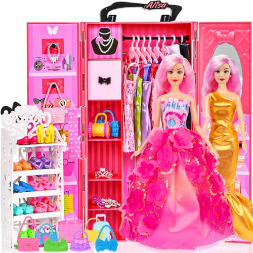 ebuddy 105 Pcs Doll and Closet Plyaset- Wardrobe Set Including One Doll,Wardrobe, Shoes Rack, Dress, Shoes Hangers, Necklace