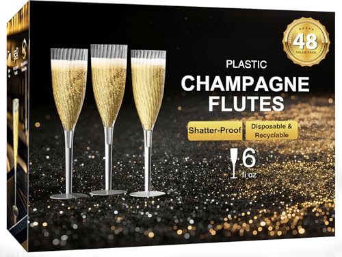 GuanQiao 16 Pack Clear Champagne Flutes, 6oz Disposable Wine Glasses with Long Stem, Reusable Plastic Cocktail Glasses for New Years Eve Party Birthday Wedding Celebration Toasting Drinking