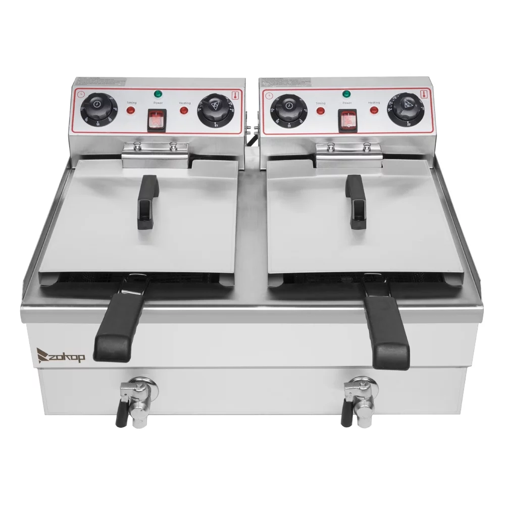EH102V 16.9QT / 16L Total Capacity 24.9QT/23.6L Stainless Steel Faucet Double Tank Deep Fryer 3400W MAX