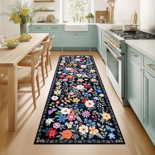8x10 Area Rugs for Living Room: Floral Washable Rug Vintage Large Soft Boho Non-Slip Carpet Indoor Floor Stain Resistant Carpets for Bedroom Dining Room Farmhouse Nursery Home Office Dark Green