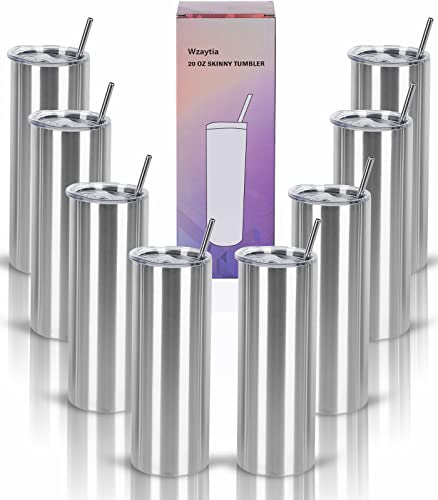 20 Oz Stainless Steel Straight Skinny Tumbler Set (8 Pack), Insulated Slim Thin Travel Cup with Lid, Black
