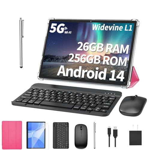 Android Tablet with Keyboard, 26GB RAM, 256GB ROM(1TB Expand), 10.1 inch Android 14 Tablet, 8000mAh Battery, BT 5.0, GMS Certified, 2.4G&5G WiFi, 2 in 1 Tablets with Mouse, Case, Stylus(Black)