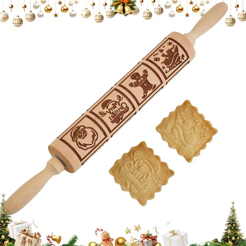 Gobam Embossed Rolling Pin for Cookies, Engraved Wooden Rolling Pin for Baking, Deep Pattern Cookie Roller for Christmas, Holiday, DIY Kitchen Decor and Gift - Vintage Tile