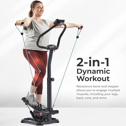 Sunny Health & Fitness 2-in-1 Premium Power Stepper with Resistance Bands, Low-Impact Cardio, Space-Saving, Height-Adjustable, with Enhanced Bluetooth Connectivity with Free SunnyFit App