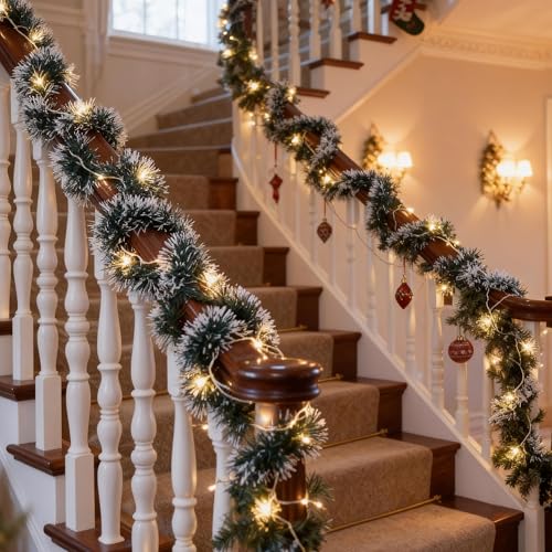 Christmas Garland with Lights 2 Pack, 15FT Lighted Garland for Mantle, Artificial Christmas Garland for Stairs Railing, Front Door & Wall, Plug-in Xmas Decor