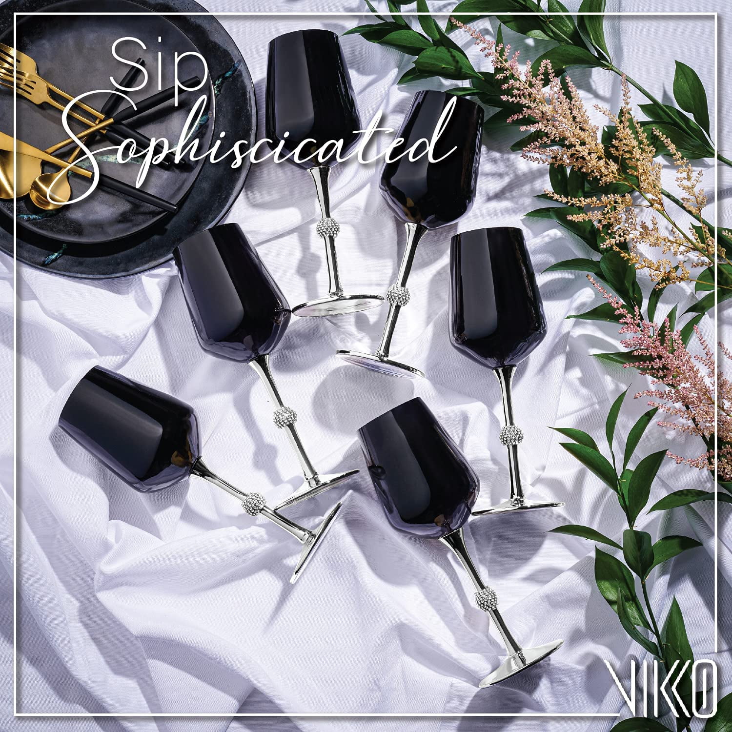 Black  Silver Wine Glasses | 14.2 Ounce Cup – Striking Black  Silver Design With Diamante Accents – Dishwasher Safe – Set Of Twelve Stunning Wine Glasses – 9.2” X 2.4”